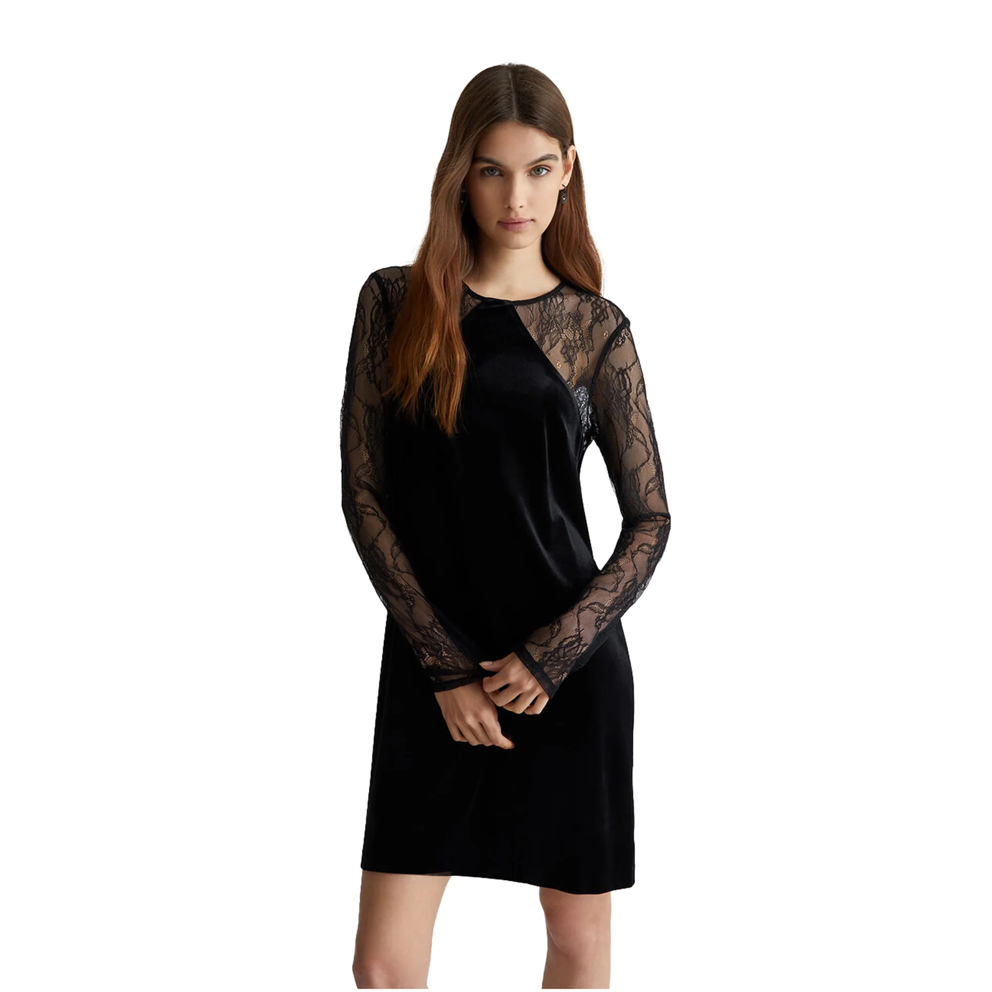 Abito corto Donna in pizzo e velluto Nero - immagine 3