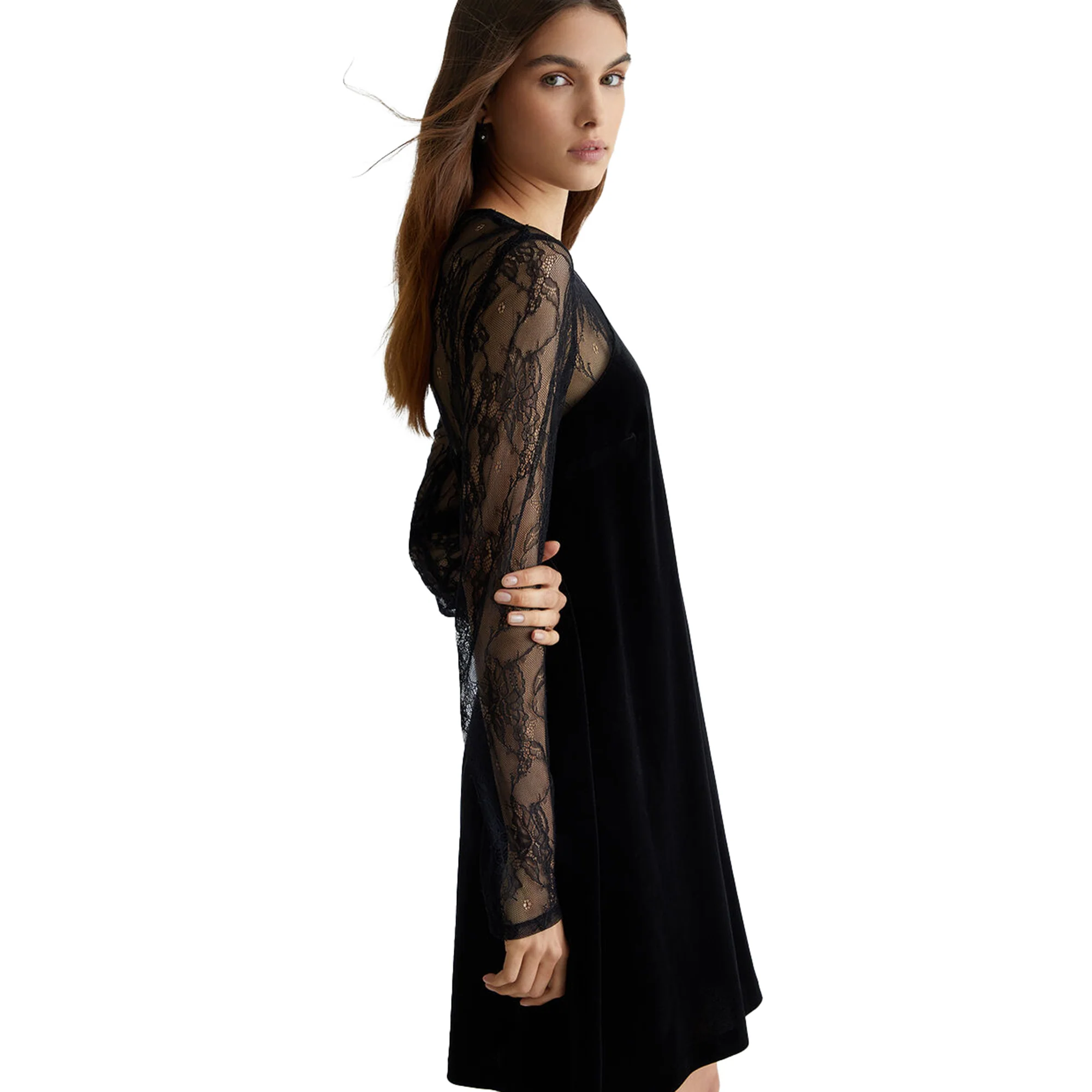 Abito corto Donna in pizzo e velluto Nero - immagine 4