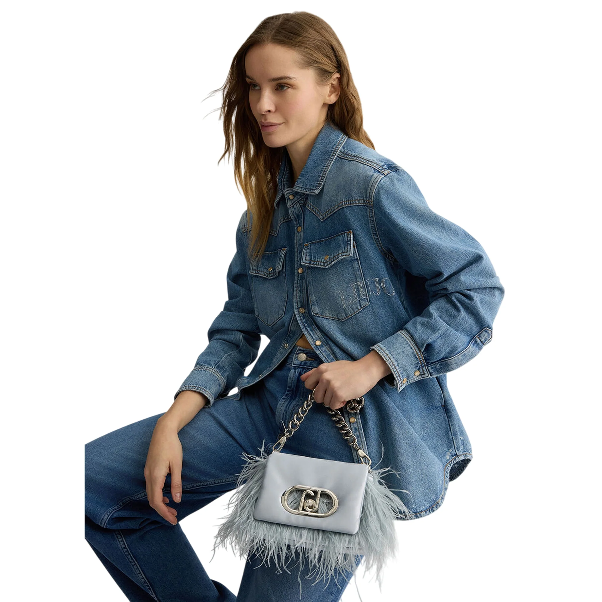 Borsa piccola a spalla LaPuffy con piume Celeste - immagine 5