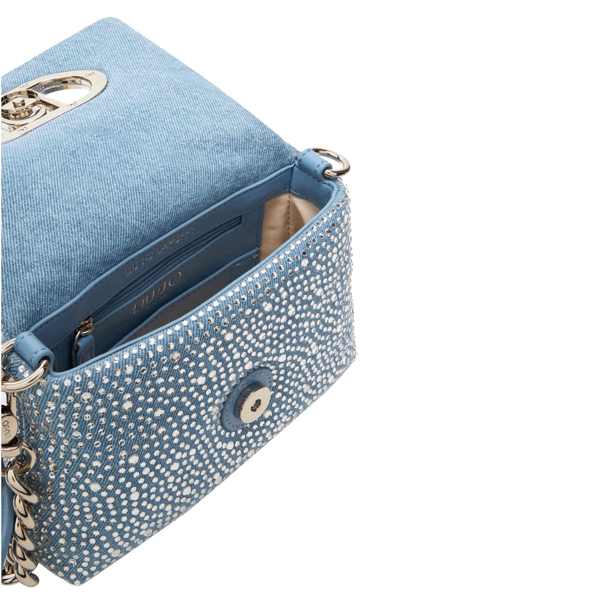 Borsa piccola a spalla LaPuffy in denim con strass - immagine 4