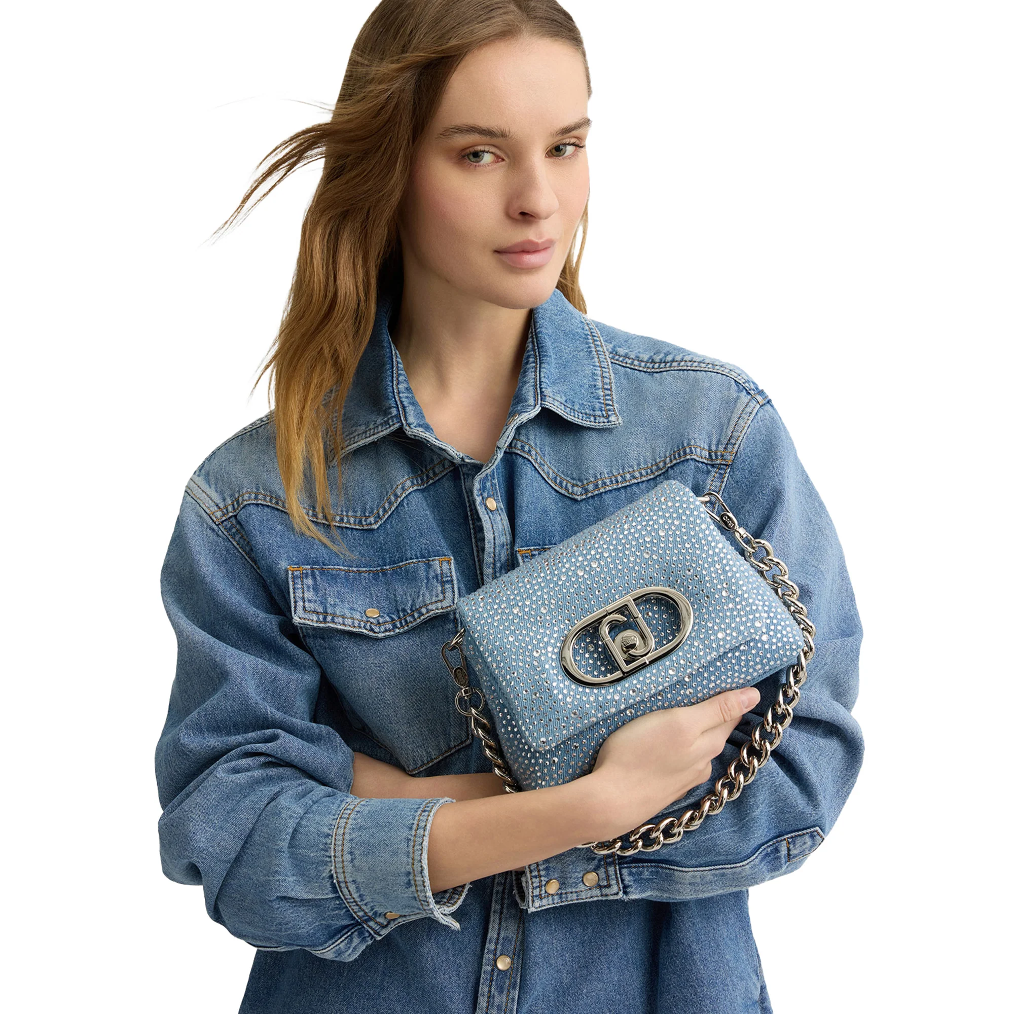 Borsa piccola a spalla LaPuffy in denim con strass - immagine 5