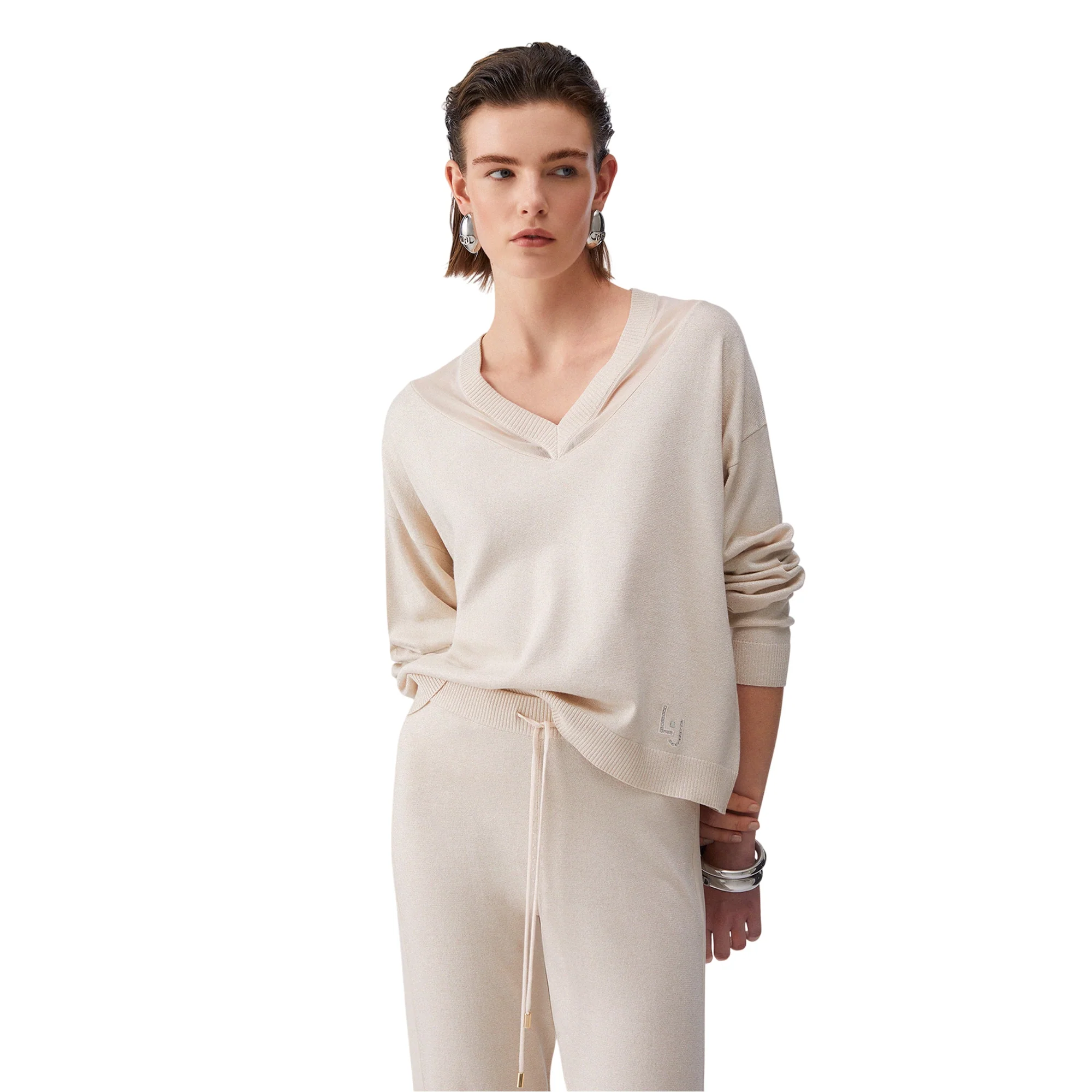 Maglia da Donna chamapgne con scollo a V a maniche lunghe - immagine 2