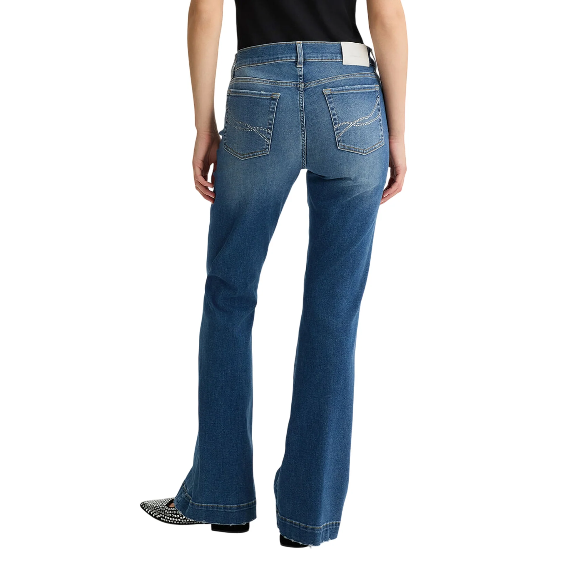 Jeans Donna a zampa blu scuro con strass retro - immagine 3