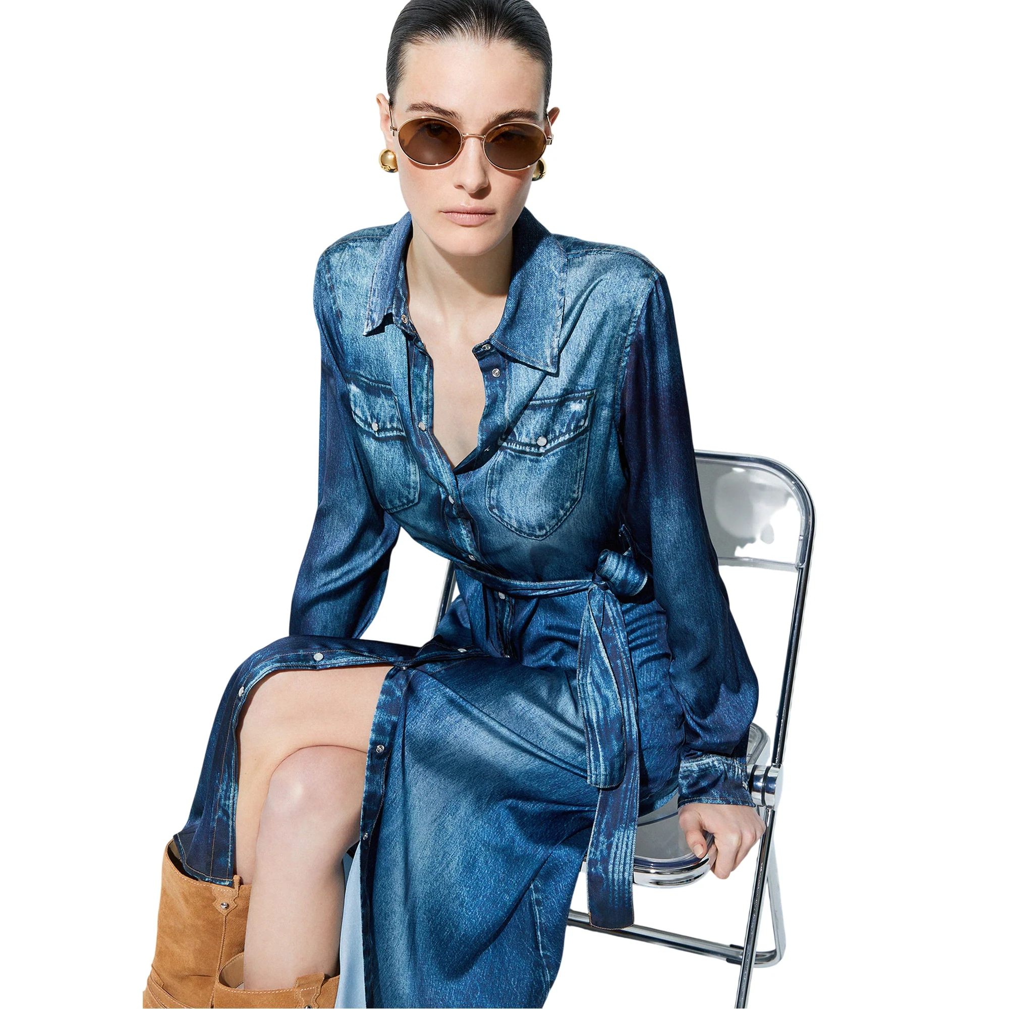 Abito lungo Donna effetto denim con cintura - immagine 6