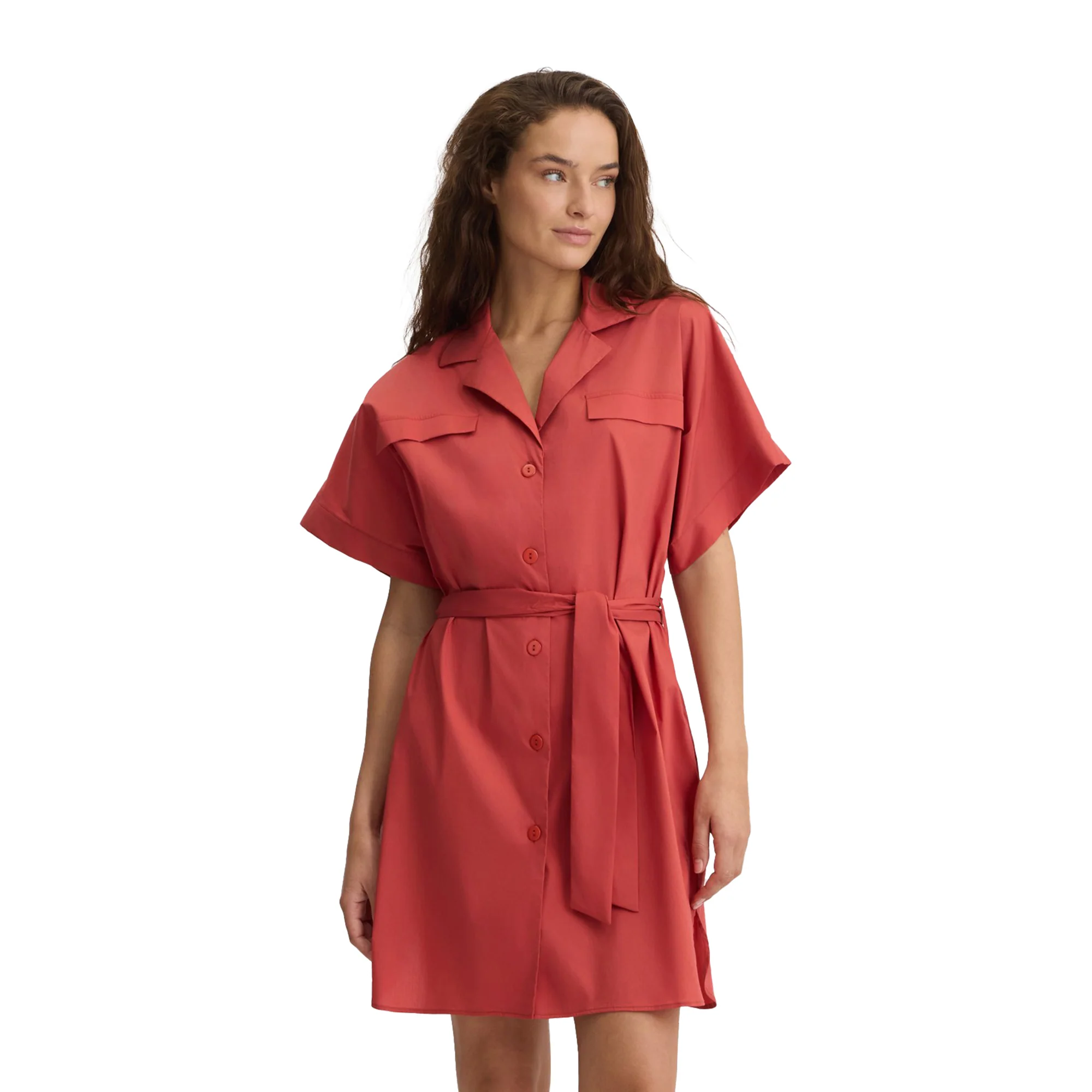 Abito corto chemisier da donna in cotone rosso - immagine 3