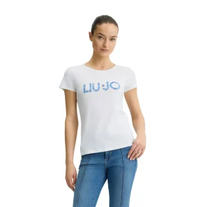 T-shirt bianca da donna con logo jeans