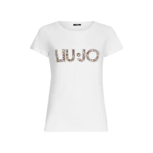 T-shirt bianca da donna con logo e strass
