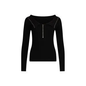 Maglia nera da donna con zip e borchie