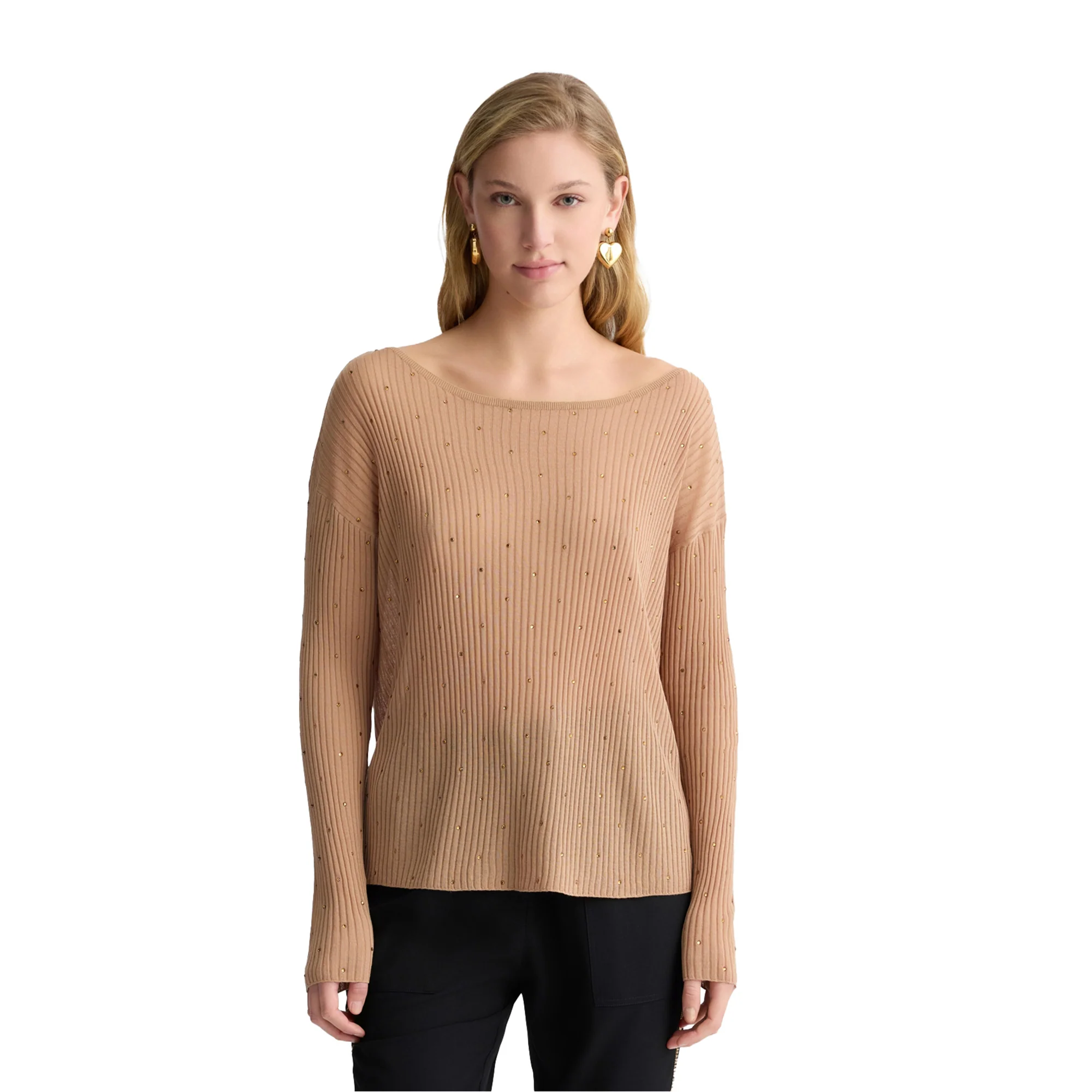 Maglia a coste Beige con strass - immagine 3
