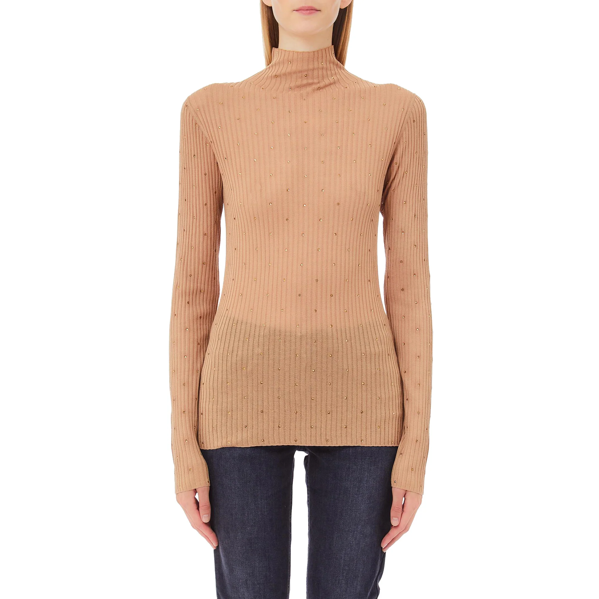 Maglia Donna a collo alto con strass Beige