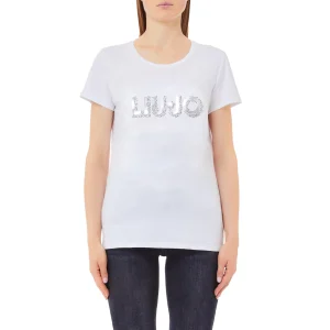 T-shirt Donna con logo frontale con strass Bianco