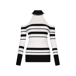 Maglia Donna a righe con borchie su colletto