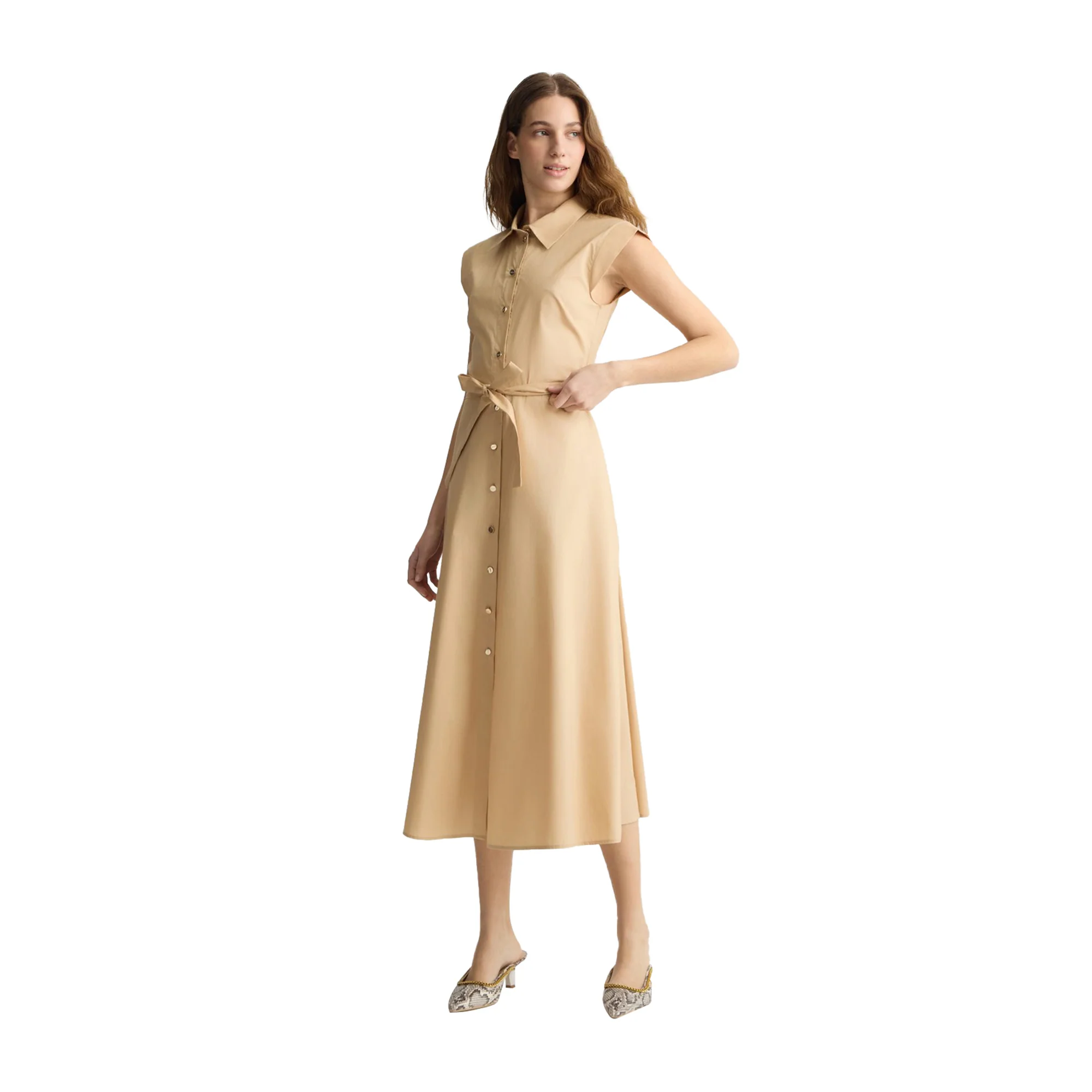 Abito lungo Donna chemisier in popeline Beige - immagine 3