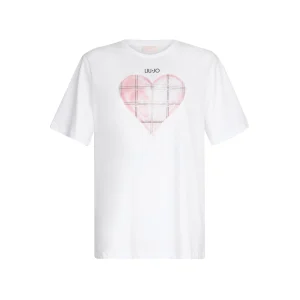 T-shirt Donna con cuore rosa frontale e strass
