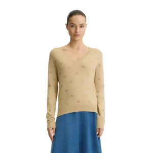 Maglia Donna con scollo a V beige con logo
