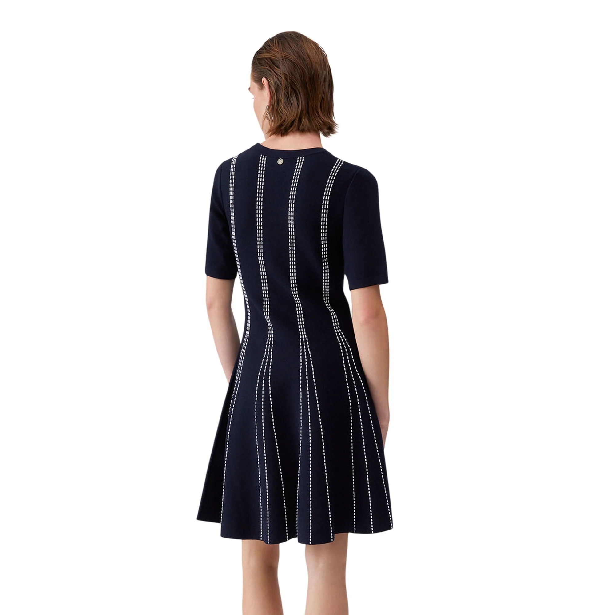 Abito blu in maglia con linee bianche verticali - immagine 4