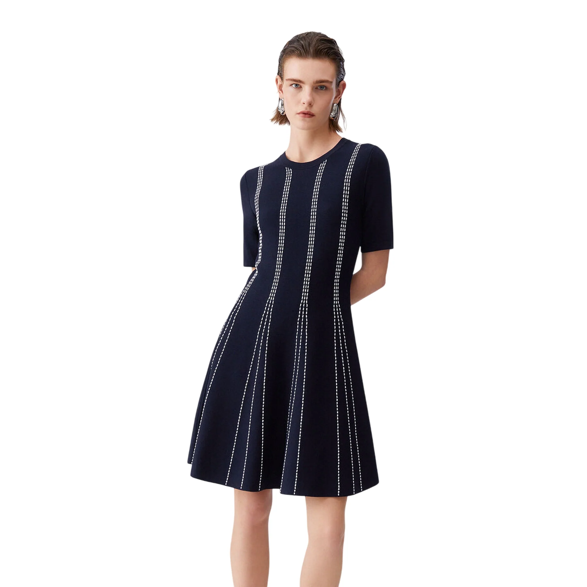 Abito blu in maglia con linee bianche verticali - immagine 3