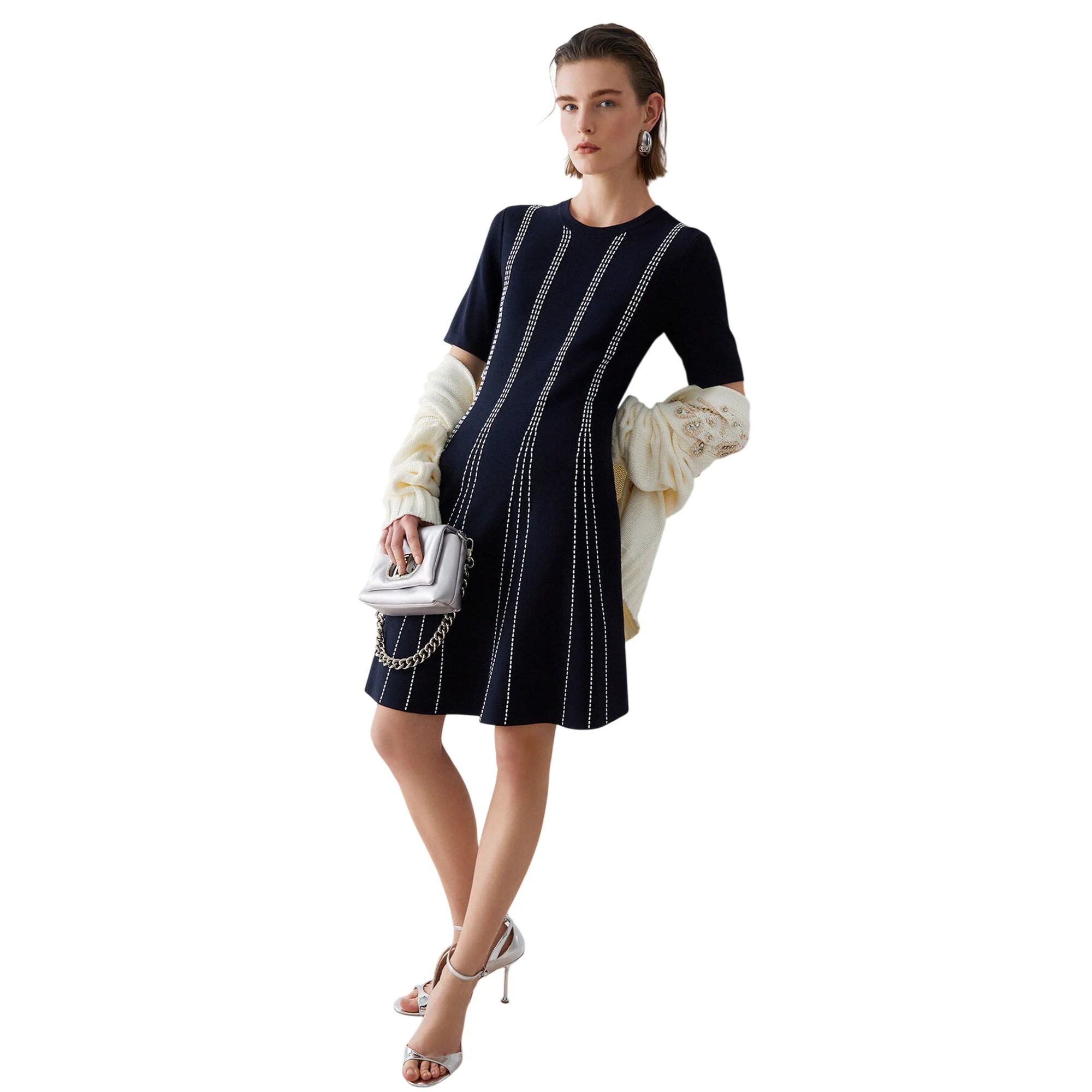 Abito blu in maglia con linee bianche verticali - immagine 6