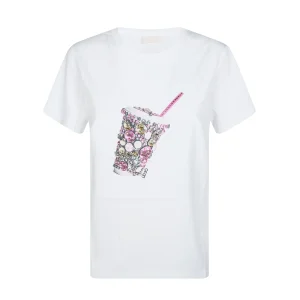 T-shirt bianca con stampa milkshake con cristalli