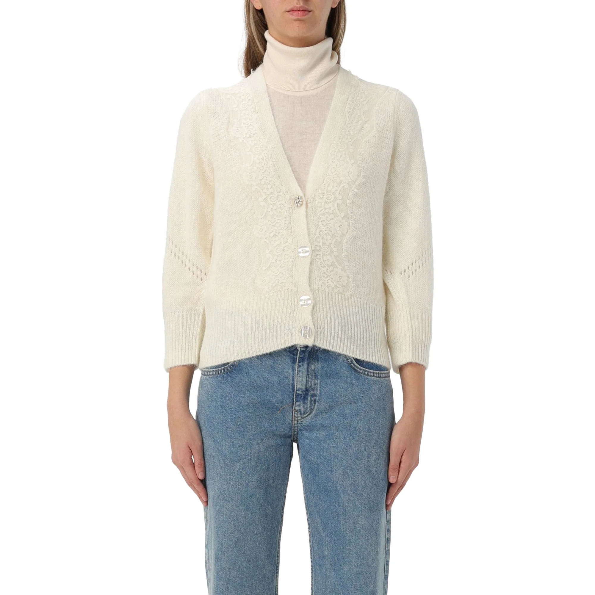 Cardigan Donna con pizzo e bottoni Bianco