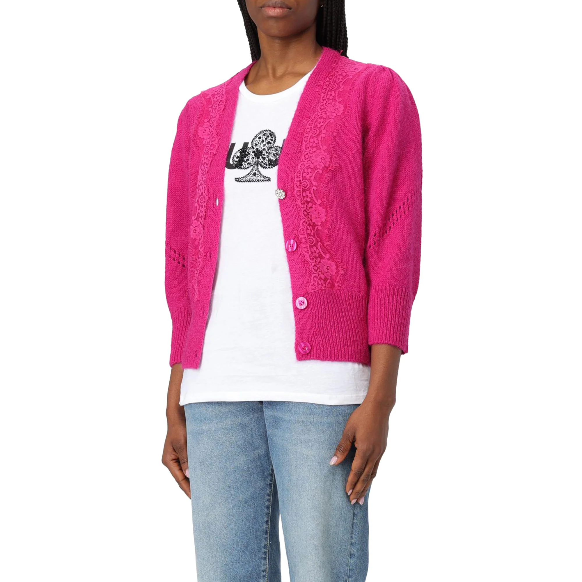 Cardigan Donna con pizzo e bottoni Fucsia - immagine 3