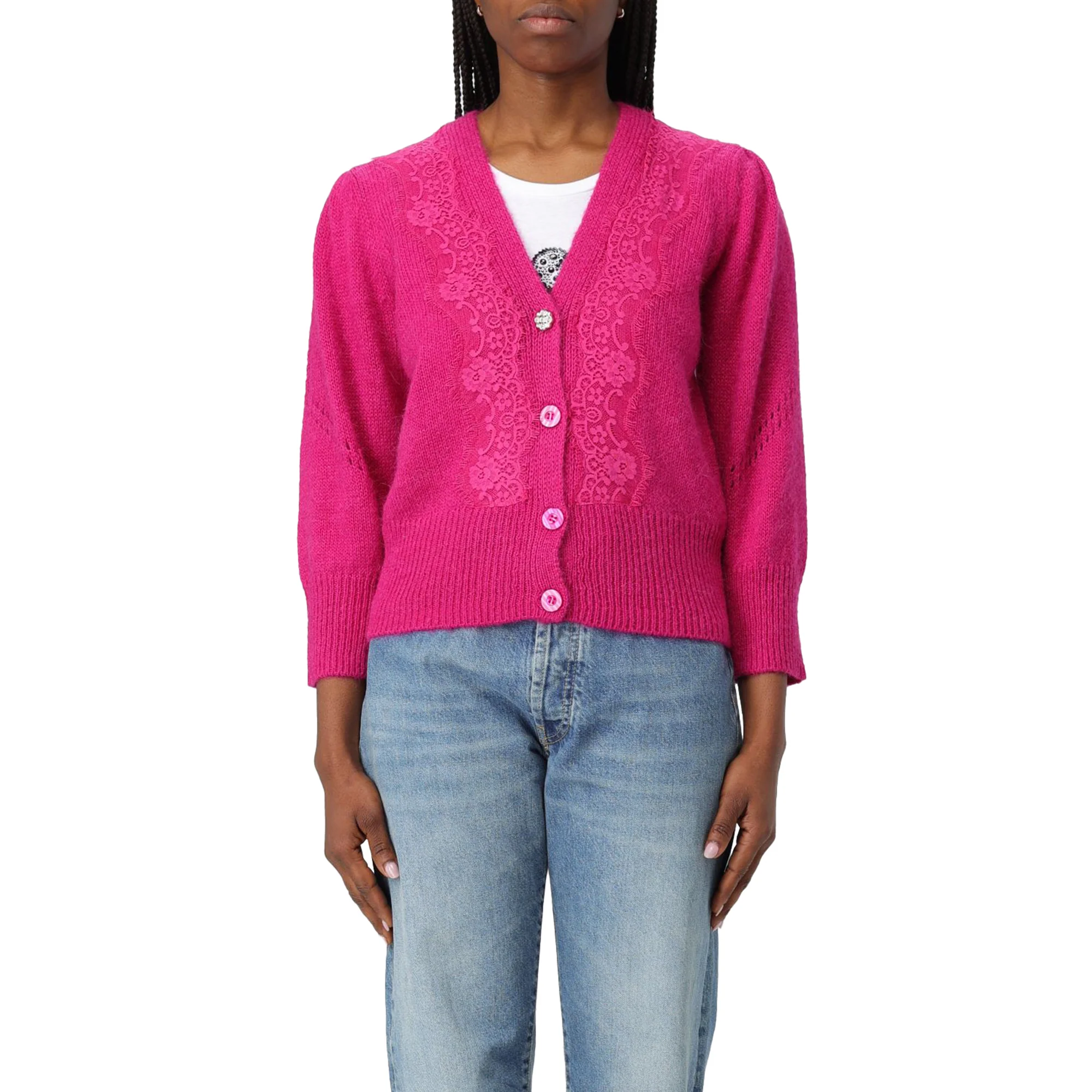 Cardigan Donna con pizzo e bottoni Fucsia