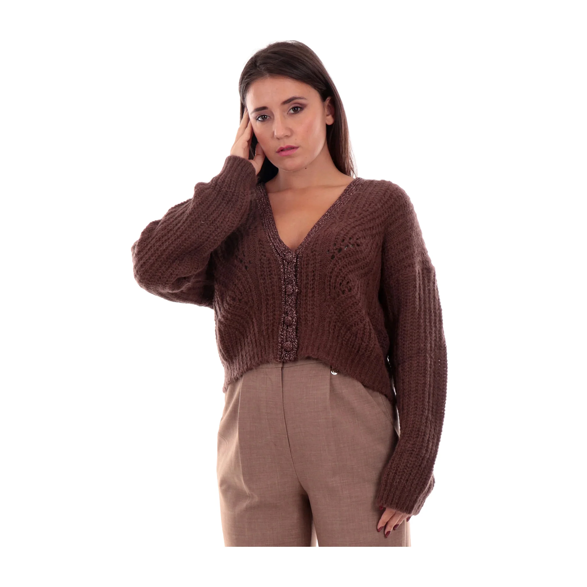 Maglione Donna con apertura a bottoni marrone - immagine 2