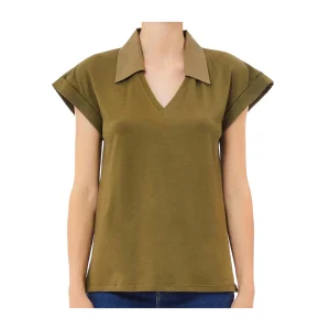 T-shirt Donna con ricamo e colletto a polo Verde