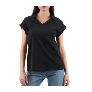 T-shirt Donna con ricamo e colletto a polo Nero